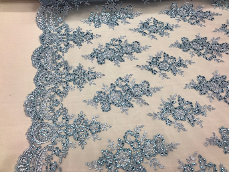 Floral Shiny Sequins Embroided Lace Fabric - Baby Blue  - Beautiful Fabrics Sold by The Yard