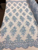 Floral Shiny Sequins Embroided Lace Fabric - Baby Blue  - Beautiful Fabrics Sold by The Yard