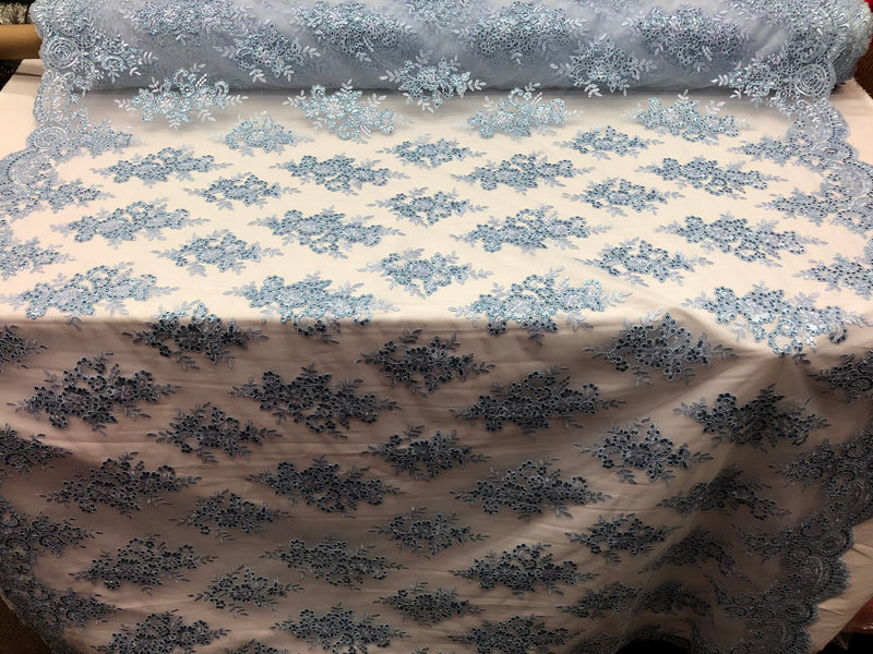 Floral Shiny Sequins Embroided Lace Fabric - Baby Blue  - Beautiful Fabrics Sold by The Yard