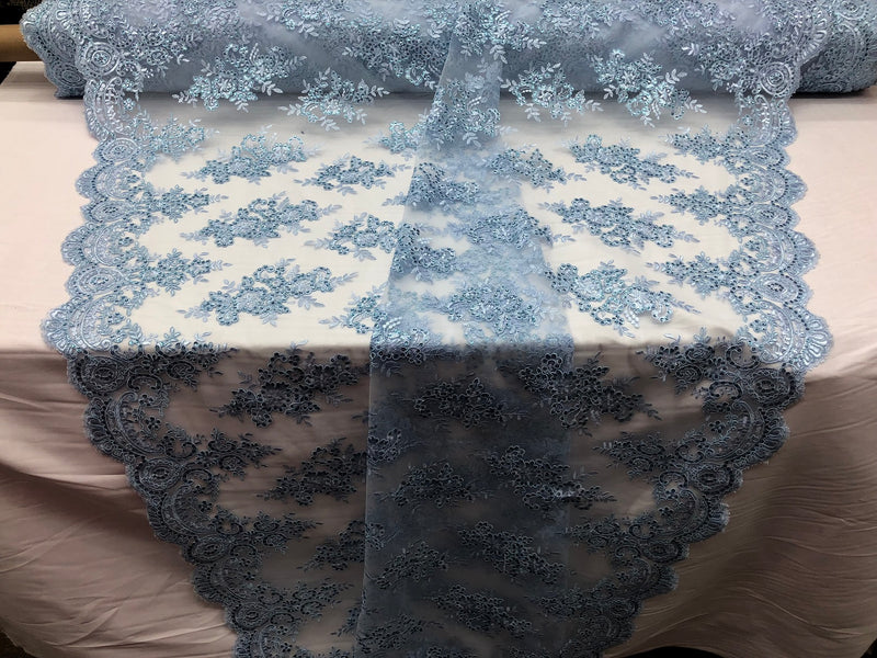 Floral Shiny Sequins Embroided Lace Fabric - Baby Blue  - Beautiful Fabrics Sold by The Yard