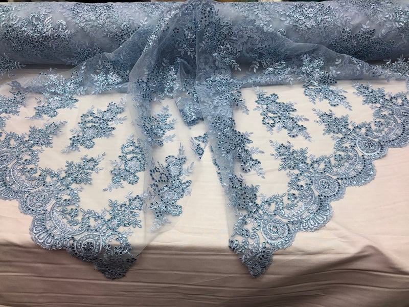 Floral Shiny Sequins Embroided Lace Fabric - Baby Blue  - Beautiful Fabrics Sold by The Yard