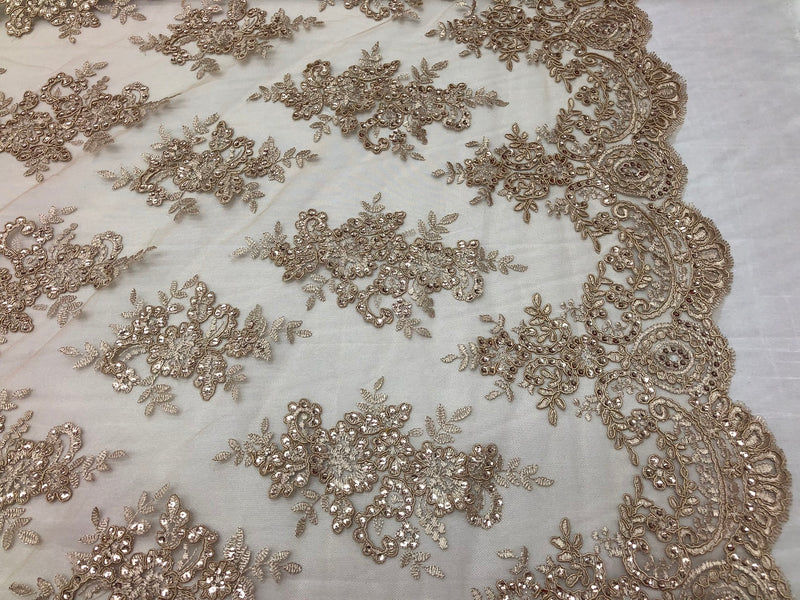 Floral Shiny Sequins Embroided Lace Fabric - Taupe - Beautiful  Fabrics Sold by The Yard