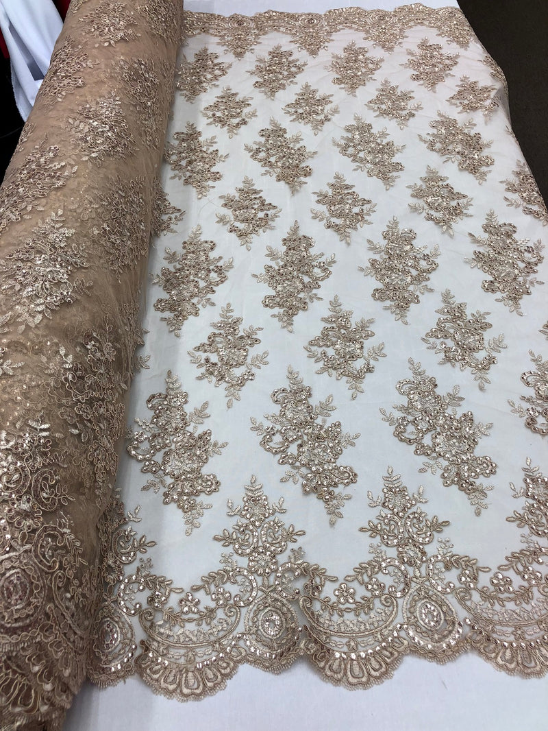Floral Shiny Sequins Embroided Lace Fabric - Taupe - Beautiful  Fabrics Sold by The Yard