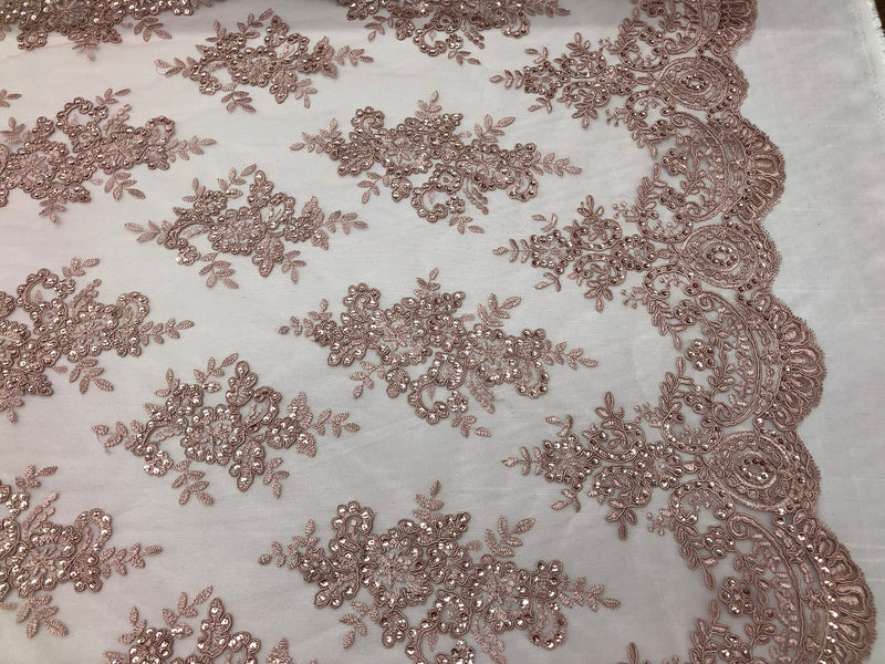 Floral Shiny Sequins Embroided Lace Fabric - Dusty Rose  - Beautiful Fabrics Sold by The Yard
