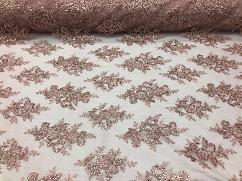 Floral Shiny Sequins Embroided Lace Fabric - Dusty Rose  - Beautiful Fabrics By The Yard
