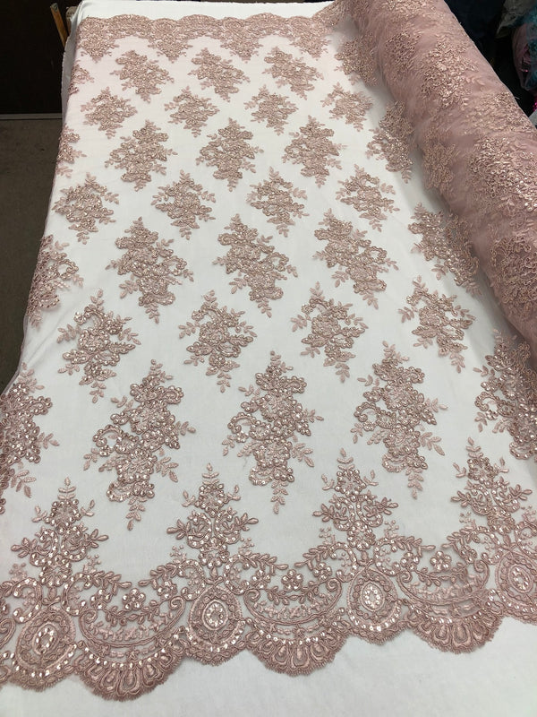Floral Shiny Sequins Embroided Lace Fabric - Dusty Rose  - Beautiful Fabrics Sold by The Yard