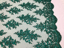 Floral Shiny Sequins Embroided Lace Fabric - Hunter Green - Beautiful Fabrics Sold by The Yard