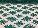 Floral Shiny Sequins Embroided Lace Fabric - Hunter Green - Beautiful Fabrics Sold by The Yard