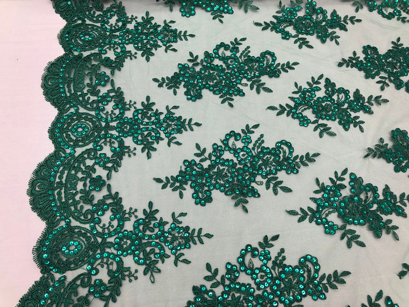 Floral Shiny Sequins Embroided Lace Fabric - Hunter Green - Beautiful Fabrics Sold by The Yard
