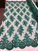 Floral Shiny Sequins Embroided Lace Fabric - Hunter Green - Beautiful Fabrics Sold by The Yard