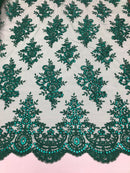 Floral Shiny Sequins Embroided Lace Fabric - Hunter Green - Beautiful Fabrics Sold by The Yard