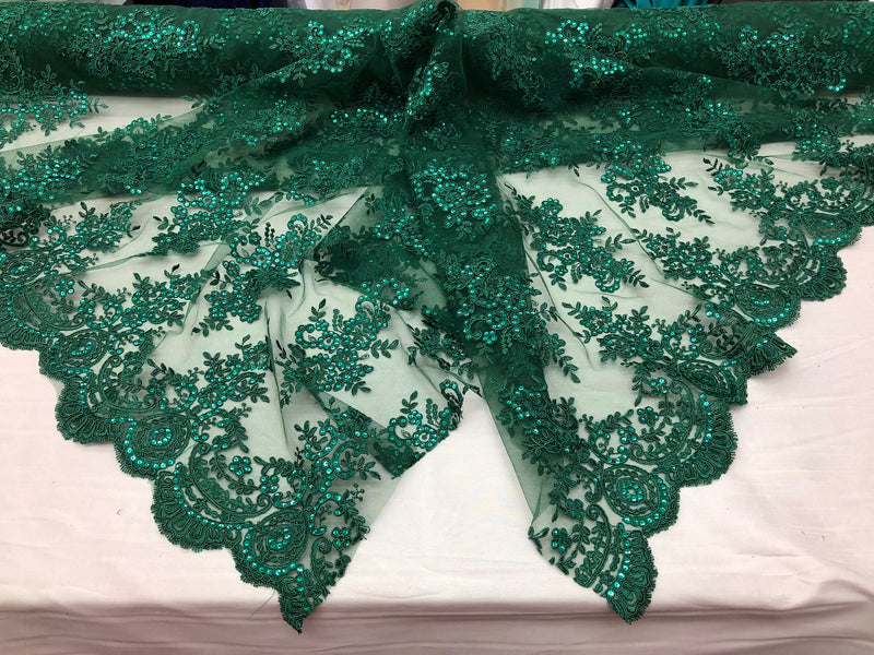 Floral Shiny Sequins Embroided Lace Fabric - Hunter Green - Beautiful Fabrics Sold by The Yard