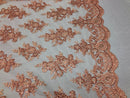 Floral Shiny Sequins Embroided Lace Fabric - Peach - Beautiful Fabrics Sold by The Yard