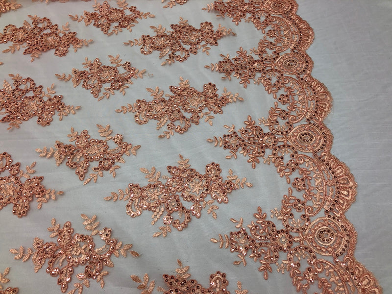 Floral Shiny Sequins Embroided Lace Fabric - Peach - Beautiful Fabrics Sold by The Yard