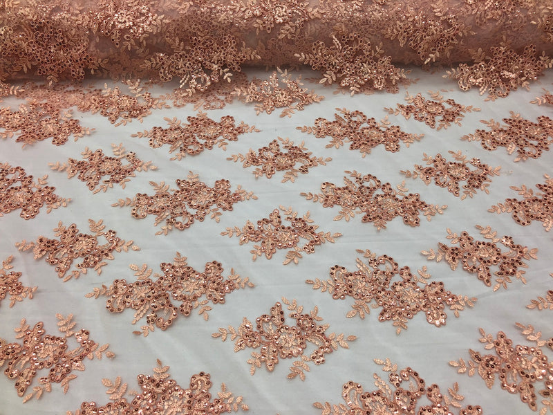 Floral Shiny Sequins Embroided Lace Fabric - Peach - Beautiful Fabrics Sold by The Yard