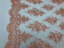 Floral Shiny Sequins Embroided Lace Fabric - Peach - Beautiful Fabrics Sold by The Yard
