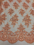 Floral Shiny Sequins Embroided Lace Fabric - Peach - Beautiful Fabrics Sold by The Yard