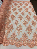 Floral Shiny Sequins Embroided Lace Fabric - Peach - Beautiful Fabrics Sold by The Yard