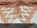 Floral Shiny Sequins Embroided Lace Fabric - Peach - Beautiful Fabrics Sold by The Yard