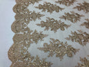 Floral Shiny Sequins Embroided Lace Fabric - Metallic Gold - Beautiful Fabrics Sold by The Yard