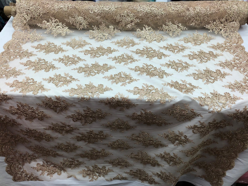 Floral Shiny Sequins Embroided Lace Fabric - Metallic Gold - Beautiful Fabrics Sold by The Yard