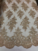 Floral Shiny Sequins Embroided Lace Fabric - Metallic Gold - Beautiful Fabrics Sold by The Yard
