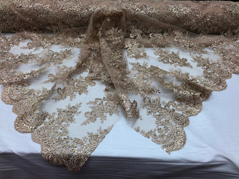 Floral Shiny Sequins Embroided Lace Fabric - Metallic Gold - Beautiful Fabrics Sold by The Yard