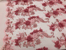 3D Embroided - Light Pink Flower And Leaf Pattern Fabric Fancy Flowers Fashion Fabric By The Yard