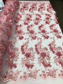 3D Embroided - Light Pink Flower And Leaf Pattern Fabric Fancy Flowers Fashion Fabric By The Yard