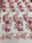 3D Embroided - Light Pink Flower And Leaf Pattern Fabric Fancy Flowers Fashion Fabric By The Yard