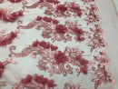 3D Embroided - Light Pink Flower And Leaf Pattern Fabric Fancy Flowers Fashion Fabric By The Yard