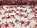 3D Embroided - Light Pink Flower And Leaf Pattern Fabric Fancy Flowers Fashion Fabric By The Yard