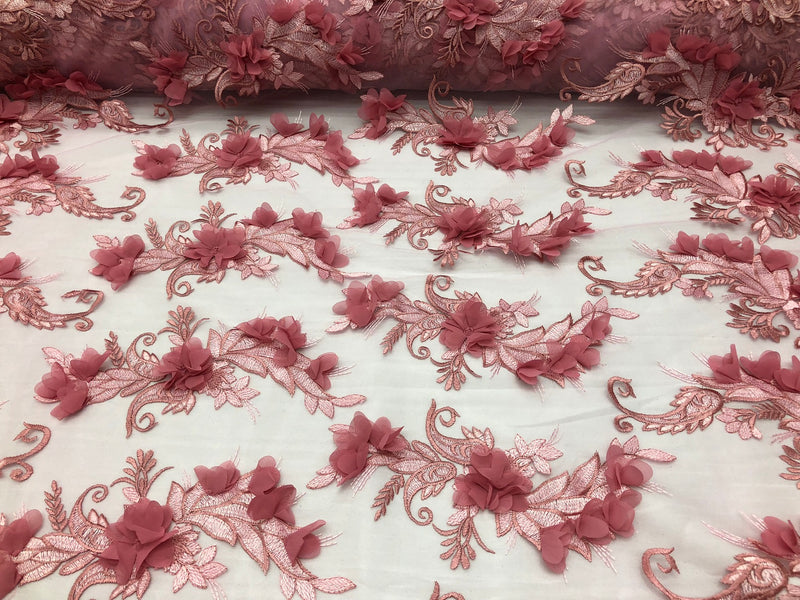 3D Embroided - Light Pink Flower And Leaf Pattern Fabric Fancy Flowers Fashion Fabric By The Yard