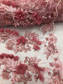 3D Embroided - Light Pink Flower And Leaf Pattern Fabric Fancy Flowers Fashion Fabric By The Yard