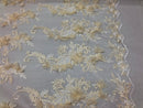 3D Embroided - Ivory Flower And Leaf Pattern Fabric Fancy Flowers Fashion Fabric By The Yard