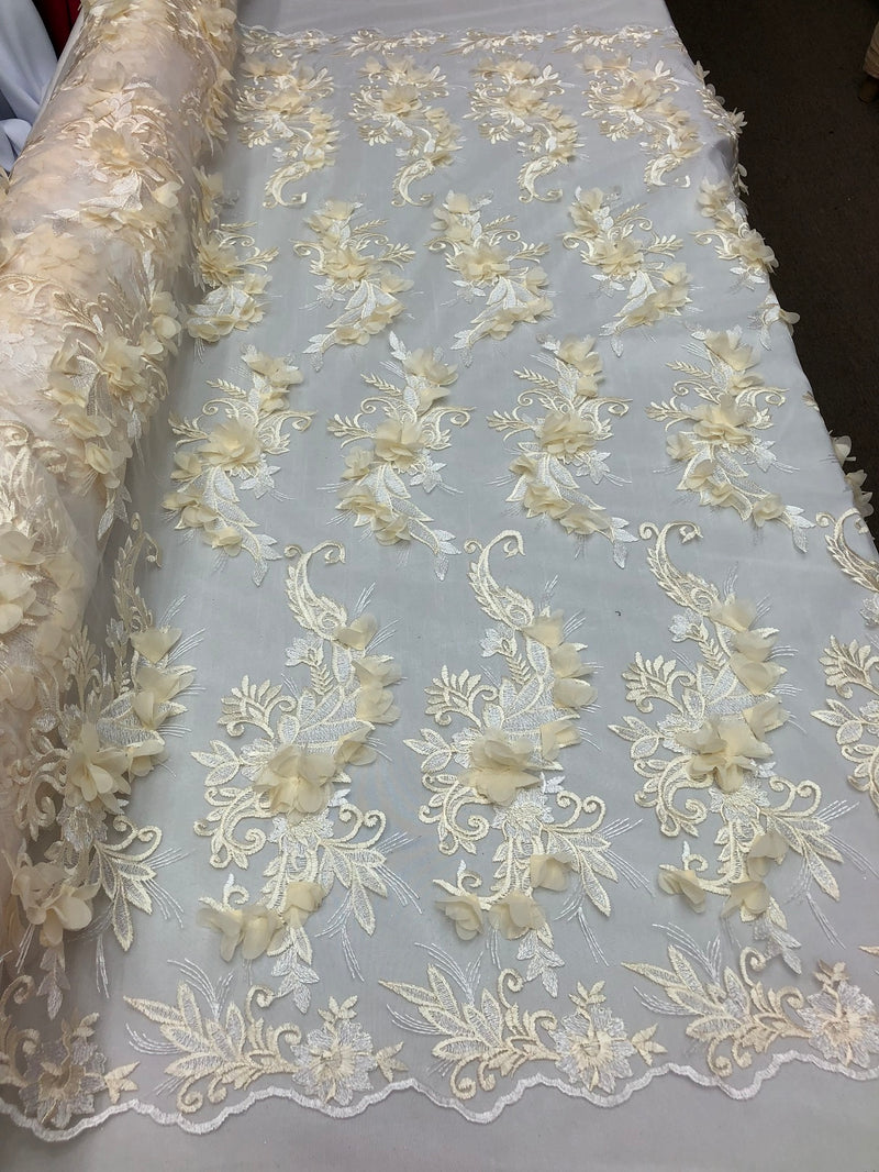 3D Embroided - Ivory Flower And Leaf Pattern Fabric Fancy Flowers Fashion Fabric By The Yard