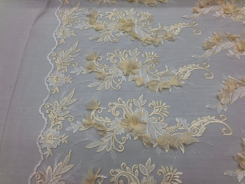 3D Embroided - Ivory Flower And Leaf Pattern Fabric Fancy Flowers Fashion Fabric By The Yard
