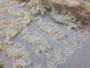 3D Embroided - Ivory Flower And Leaf Pattern Fabric Fancy Flowers Fashion Fabric By The Yard