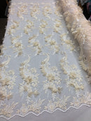 3D Embroided - Ivory Flower And Leaf Pattern Fabric Fancy Flowers Fashion Fabric By The Yard