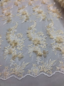 3D Embroided - Ivory Flower And Leaf Pattern Fabric Fancy Flowers Fashion Fabric By The Yard
