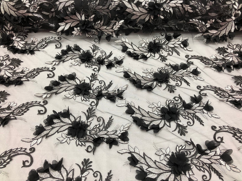 3D Embroided - Black Flower And Leaf Pattern Fabric Fancy Flowers Fashion Fabric By The Yard