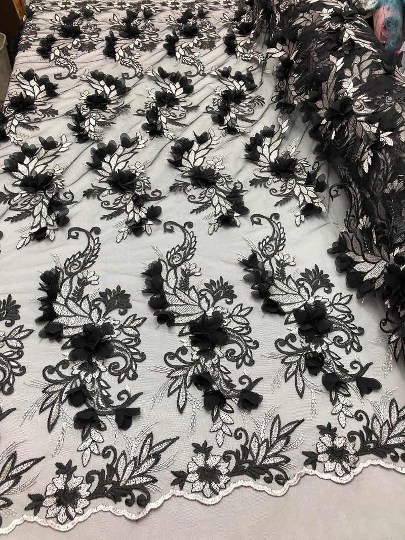 3D Embroided - Black Flower And Leaf Pattern Fabric Fancy Flowers Fashion Fabric By The Yard
