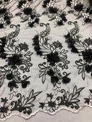 3D Embroided - Black Flower And Leaf Pattern Fabric Fancy Flowers Fashion Fabric By The Yard