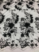 3D Embroided - Black Flower And Leaf Pattern Fabric Fancy Flowers Fashion Fabric By The Yard