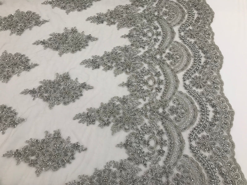Silver - Hand Beaded Embroidered Flower Pattern Bridal Wedding Lace Fabric Sold by The Yard