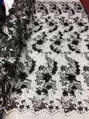 3D Embroided - Black Flower And Leaf Pattern Fabric Fancy Flowers Fashion Fabric By The Yard