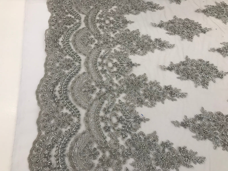 Silver - Hand Beaded Embroidered Flower Pattern Bridal Wedding Lace Fabric Sold by The Yard