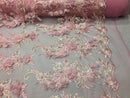 3D Embroided - Light Pink Flower And Leaf Pattern Fabric Fancy Flowers Fashion Fabric By The Yard