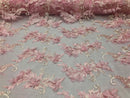 3D Embroided - Light Pink Flower And Leaf Pattern Fabric Fancy Flowers Fashion Fabric By The Yard