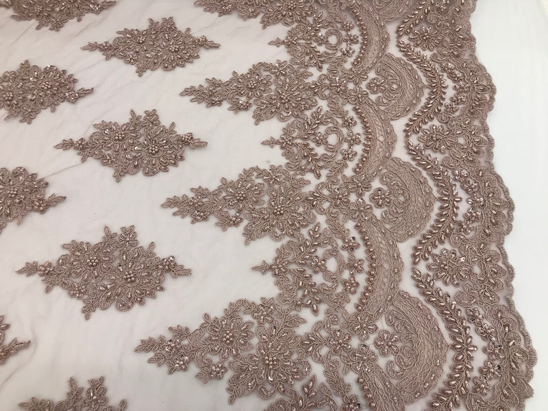 Mauve - Hand Beaded Embroidered Flower Pattern Bridal Wedding Lace Fabric Sold by The Yard